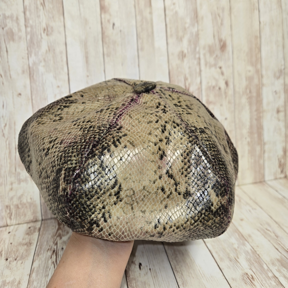 Vintage Snakeskin Print Newsboy Hat Olive Green Brown Tan Baker Boy Cap - Picture 7 of 12